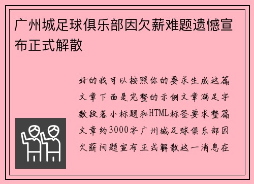 广州城足球俱乐部因欠薪难题遗憾宣布正式解散 广州城足球俱乐部因欠薪难题遗憾宣布正式解散